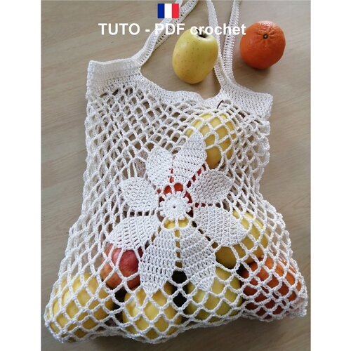 Tuto crochet - sac filet orné d'une fleur aux 8 pétales, sac zéro déchet et réutilisable, facile à réaliser, tuto en français !