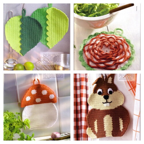 Modèles 17 maniques cuisine, lapin feuille caneton coeur, explications et grilles en français, pdf crochet vintage !