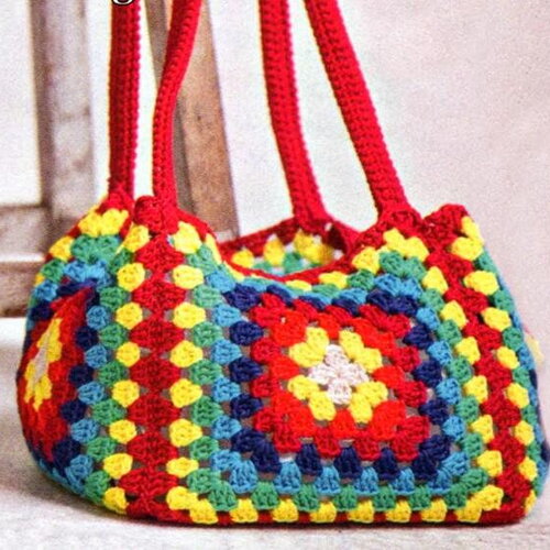 Modèle sac coton facile à réaliser, carrés granny colorés 21 x 21 cm, explications et grilles en français, pdf crochet vintage !