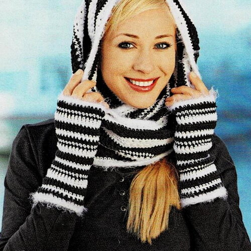 Modèle echarpe tube / snood et manchettes / mitaines en noir et blanc, explications et grilles en français, pdf crochet vintage !