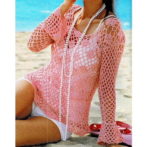 Modèle tunique été coton rose, motif filet, taille 38/40, 42/44, 46/48, explications et grilles en français, pdf crochet vintage !