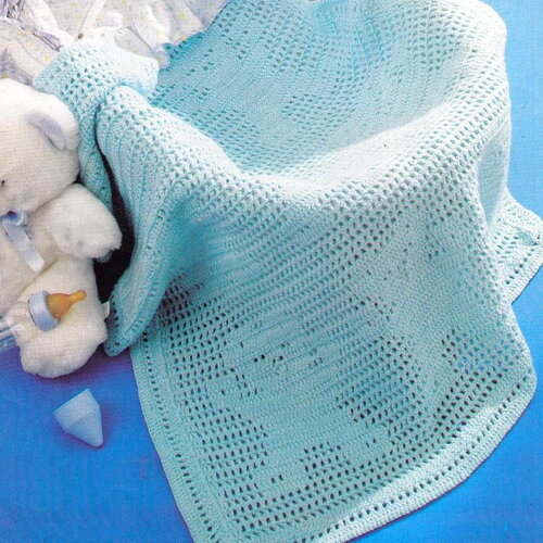 Modèle couverture bébé bleu ciel, motifs oursons, dimensions 81 x 92 cm, explications et grilles en français, pdf crochet vintage !