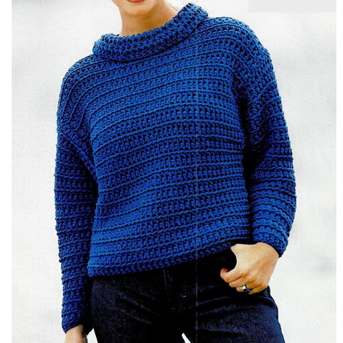 Modèle pull laine bleu, motif fantaisie en brides, taille 36/38, 40/42, 44/46, explications en français, pdf crochet vintage francais !