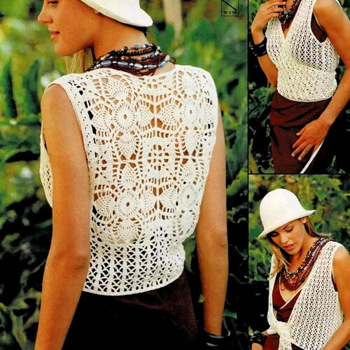 Modèle gilet cache-coeur, taille 34/36, 38/40, 42/44, 46/48, explications et grilles en français, pdf crochet vintage francais !