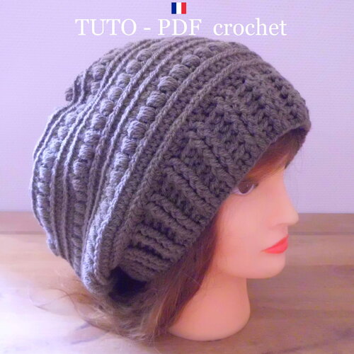 Tuto crochet - bonnet tombant style slouchy, orné de jolis motifs fantaisies, facile à réaliser, tuto en francais !