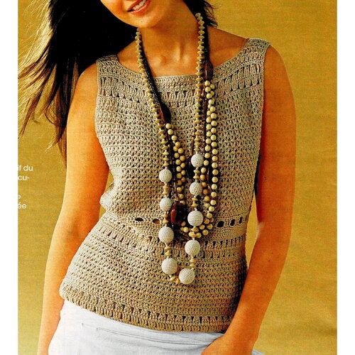 Modèle top coton beige sans manches, taille 38/40 , 42/44 , 46/48 , explications et grilles en français, pdf crochet vintage francais !