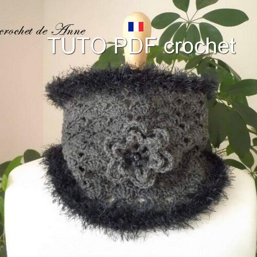 Tuto crochet - snood / tour de cou , orné d'une fleur et de bordures fourrure , facile à réaliser , tuto en francais !