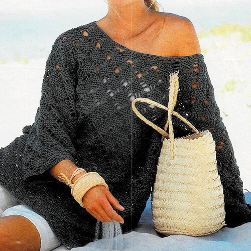 Modèle pull coton aux motifs losanges, tunique de plage, taille 40, 42/44, explications et grilles, pdf crochet vintage en francais !