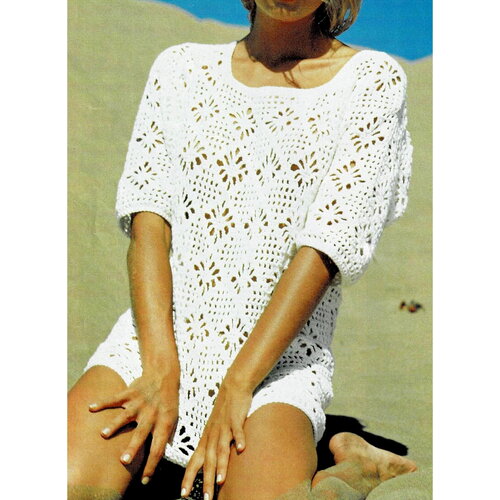 Modèle pull/tunique coton blanc, motif losange, taille 36 à 38 et 44, explications et grilles en français , pdf vintage francais !