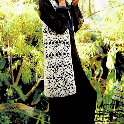 Modèle gilet long, motifs assemblés, taille 34 à 36, 38 à 44, explications et grilles en français, pdf crochet vintage francais !
