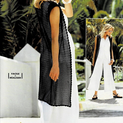 Modèle gilet long coton noir, taille 34/36 , 38/40 , 42/44 , 46/48, explications et grilles en français, pdf crochet vintage francais !