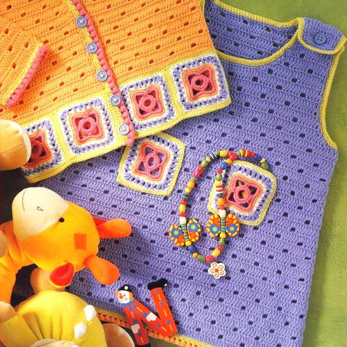 Modèle robe et gilet bébé, taille de 18 à 24 mois, explications et grilles en français , pdf crochet vintage francais !
