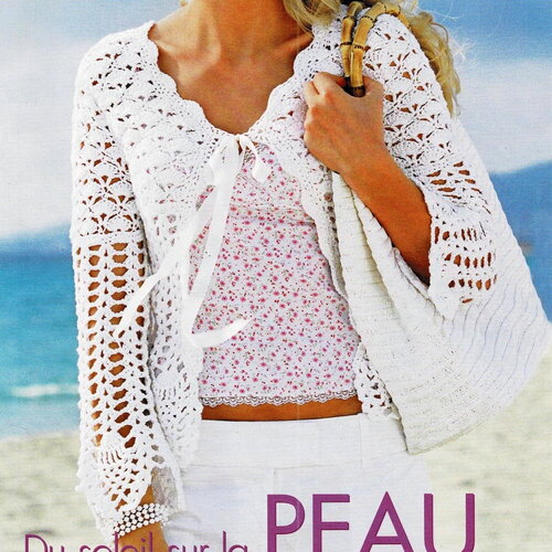 Modèle gilet coton blanc, motifs coquille, taille 36/38, explications et grilles en français, pdf crochet vintage francais !