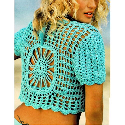Modèle bolero coton turquoise, taille 36/38 , 40/42, explications et grilles en français, pdf crochet vintage francais