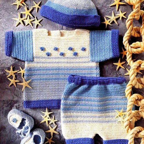 Modèle ensemble bébé pull, bonnet, chaussons, taille 3 mois, explications et grilles en français , pdf crochet vintage francais