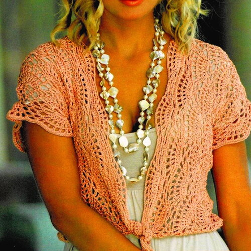 Modèle bolero romantique coton saumon, taille 36/38, 40/42 , explications et grilles en français , pdf crochet vintage francais !