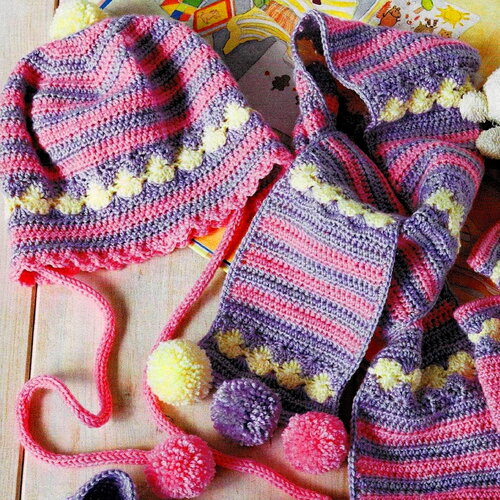 Ensemble bébé, echarpe, bonnet, gant, chaussons, explications et grilles en français , pdf crochet vintage francais !