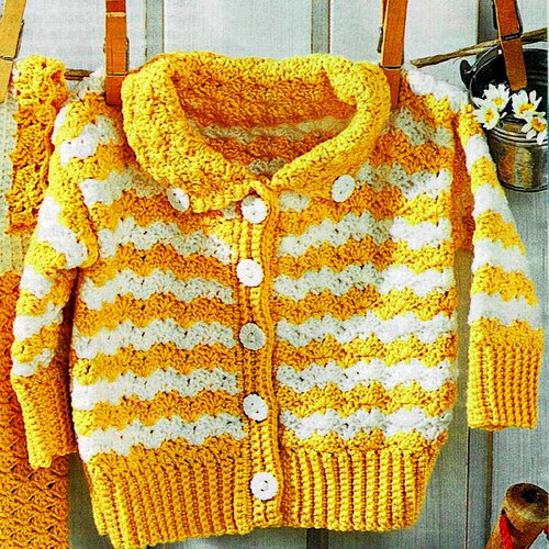 Modèle ensemble bebe gilet et robe laine, naissance à 12 mois, explications et grilles en français, pdf crochet vintage
