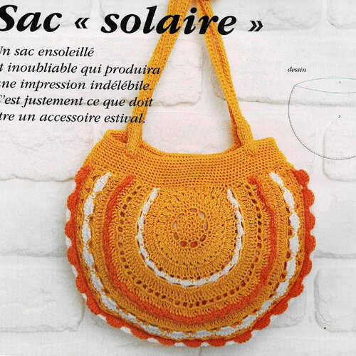 Modèle sac rond coton jaune orange et blanc , explications et grilles en français, pdf crochet vintage !