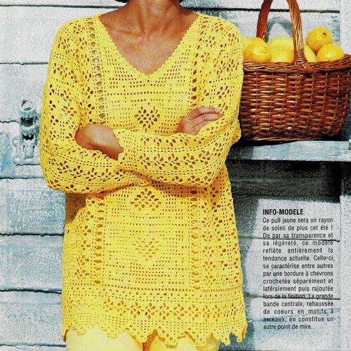 Modèle pull coton coeur et losange, taille 40/42, 44/46, 50/52, explications et grilles en français, pdf crochet vintage francais !