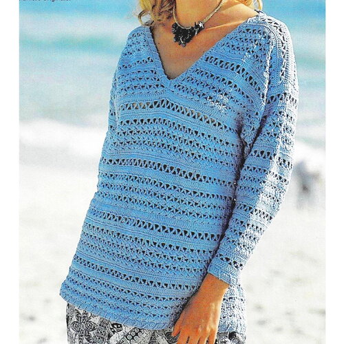 Modèle pull coton bleu ciel, taille 36/38, 42/44, explications et grilles en français, pdf crochet vintage francais
