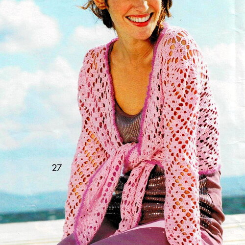 Modèle gilet coton rose, taille 38/40, 42/44, 46/48, explications et grilles en français, pdf crochet vintage francais !