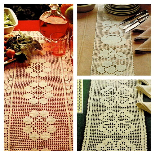 Pdf centre de table motifs floraux, simple à réaliser en filet de brides, explications et grilles en français, pdf crochet vintage !