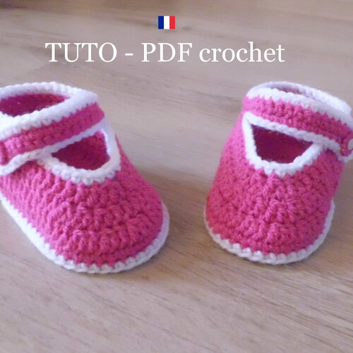 Tuto crochet - chaussons bébé rose fuchsia, orné de bordures blanches, de 3 à 12 mois, facile à réaliser, tuto en francais !