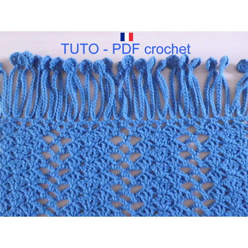 Tuto crochet - etole en bleu indigo orné d'un joli point fantaisie et de belles franges, facile à réaliser, tuto en francais !