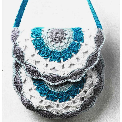 Modèle pochette coton turquoise blanc, bleu azur, explications et grilles en français, pdf crochet vintage !