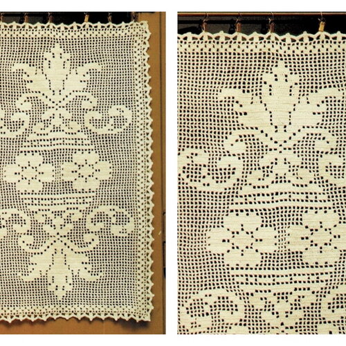 Modèle rideau au point filet, motif fleurs, dimensions 44 x 68 cm, explications et grilles en français, pdf crochet vintage !