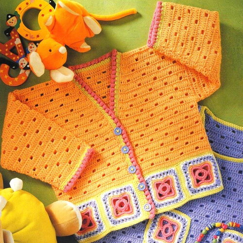 Modèle gilet et robe bébé, taille de 18 à 24 mois, explications et grilles en français , pdf crochet vintage francais !