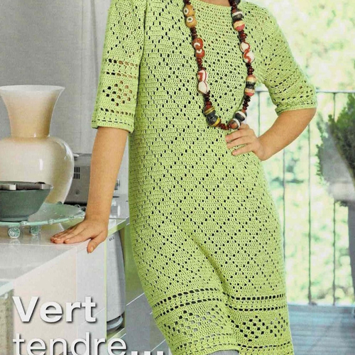 Modèle robe/tunique coton vert pastel, motifs losanges, tailles 40/42 et 46/48, explications et grilles en français, pdf crochet vintage !