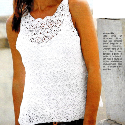 Modèle top coton blanc orné de fleurs , taille 38/40 et 40/42 , explications et grilles en français, pdf crochet vintage francais !