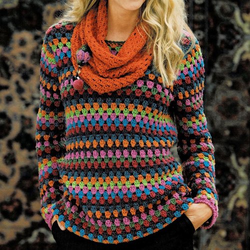 Modèle pull colorés, col tube séparé, taille 40/42, 44/46, 48/50, explications et grilles en français, pdf crochet vintage francais !