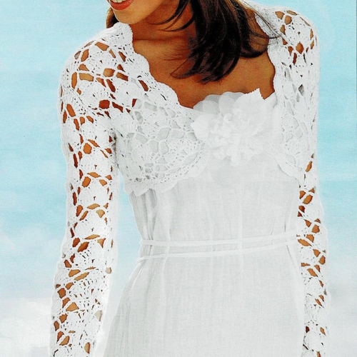 Modèle boléro coton blanc, boléro mariage, motif dentelle, taille 36/38, 40/42, 44/46, explications et grilles, pdf crochet vintage !