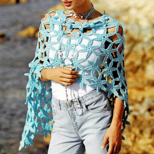 Modèle poncho coton turquoise, motifs fleurs étoiles, taille unique, explications et grilles en français, pdf crochet vintage !