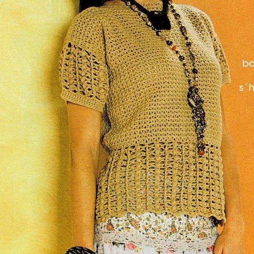 Modèle pull coton camel, manches courtes, taille 38/40, 42/44, 46/48, explications et grilles en français, pdf crochet vintage !