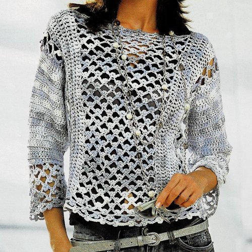Modèle pull coton motifs filets, manches 3/4, taille 40/42, 44/46, 48/50, explications et grilles en français, pdf crochet vintage !