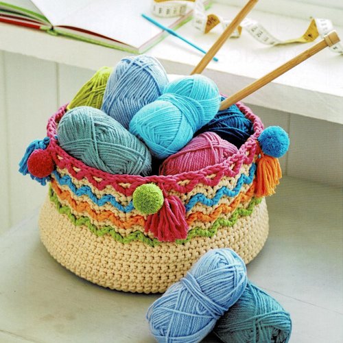 Modèle corbeille ronde, zigzags et pompons colorés, explications rangs par rangs, pdf crochet vintage !