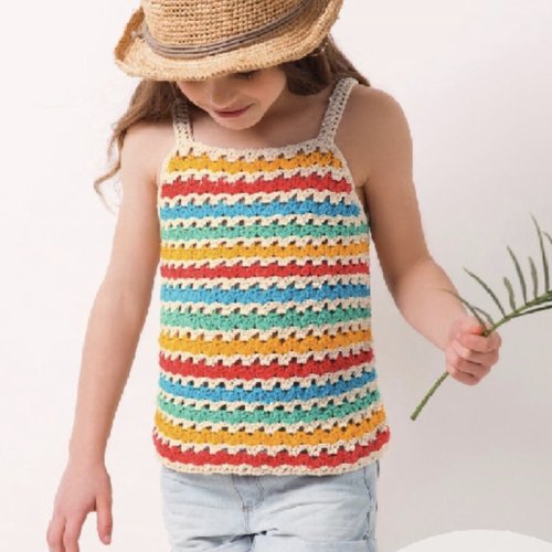 Modèle top fille coton , rangs colorés , taille 4, 6, 8, 10, 12 ans , explications et grilles claires , pdf crochet vintage !