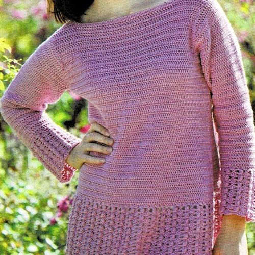 Modèle pull coton rose parme, bordures dentelle, taille 36/38/40/42, explications rangs par rangs, pdf crochet vintage francais