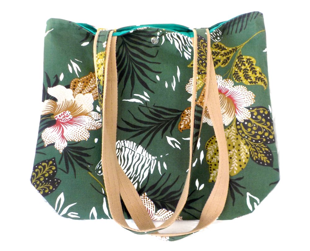 Vendu, sac, cabas, coton, imprimé fleurs, pratique, fait sac cabas en fleurs phone