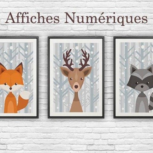 Affiches Decoration Chambres Enfants Bebe Cadeau Naissance Animaux De La Foret Illustration Renard Cerf Raton Laveur Un Grand Marche