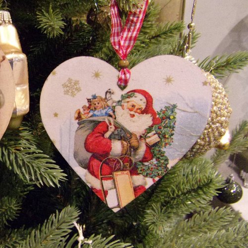 1 coeur en bois fait main à suspendre père noël décoration sapin 10cm