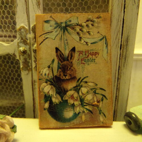 Plaque miniature en bois décoration lapin de pâques tableau pour maison de poupées échelle 1:12 style vintage shabby chic