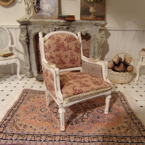 Fauteuil miniature bergère style louis xvi toile de jouy maison de poupées française échelle 1:12 1/12 modèle unique dollhouse armchair ooak