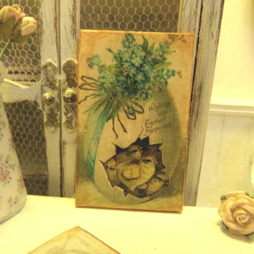 Plaque miniature en bois décoration de pâques oeuf poussins myosotis tableau maison de poupées échelle 1:12 vintage shabby dollhouse sign