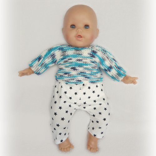 Ensemble legging étoiles et brassière turquoise et blanche pour poupon de 36 cm (type corolle, nenuco...)
