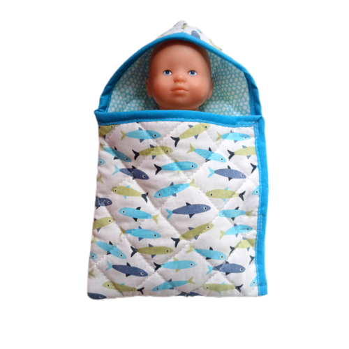 Nid d'ange pour poupon de 20 cm en tissu matelassé - motif poissons